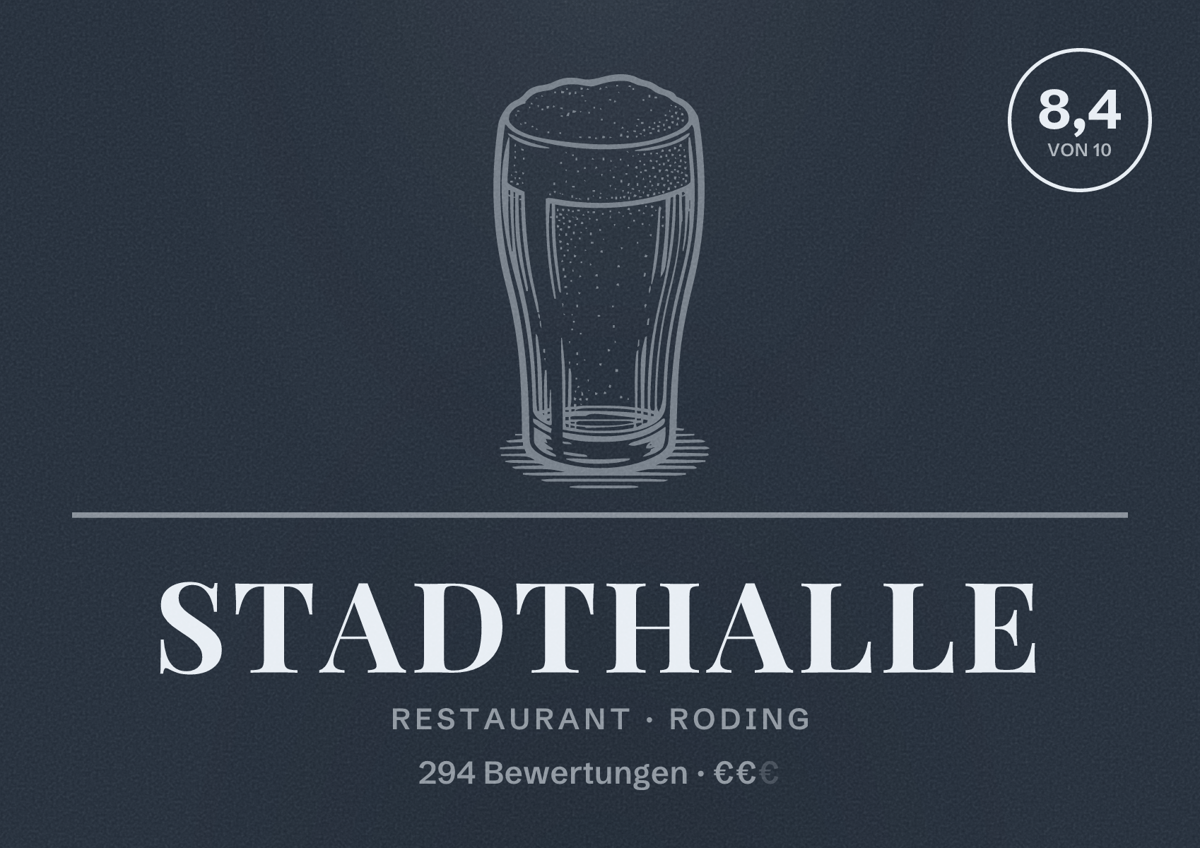 Illustriertes Poster von Stadthalle, Restaurant in Roding: Bewertung 8,4 von 10 aus 294 Bewertungen, Preisniveau €€