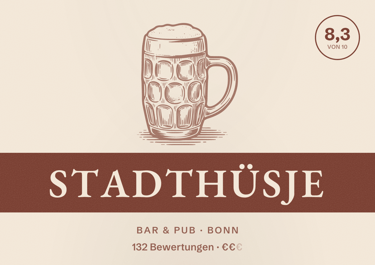Illustriertes Poster von stadthüsje, Bar & Pub in Bonn: Bewertung 8,3 von 10 aus 132 Bewertungen, Preisniveau €€