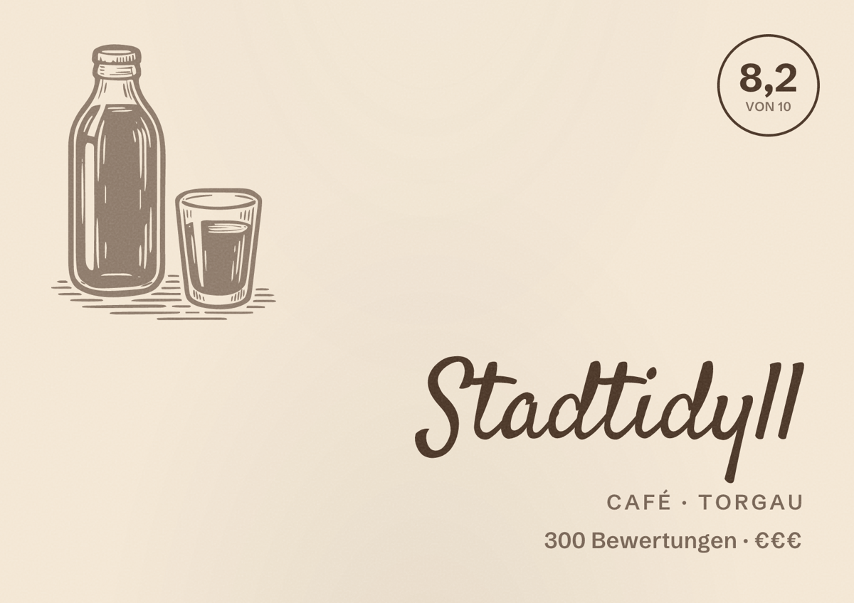 Illustriertes Poster von Stadtidyll, Café in Torgau: Bewertung 8,2 von 10 aus 300 Bewertungen, Preisniveau €€€