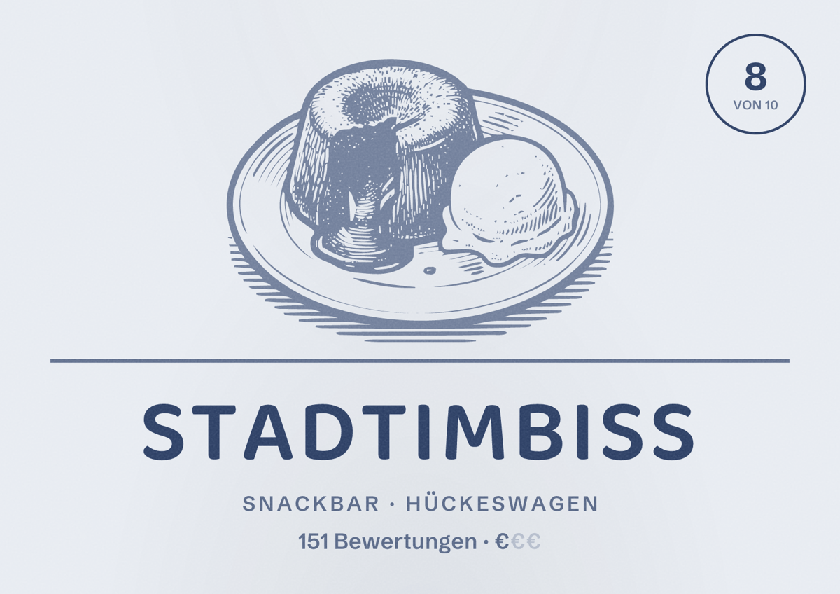 Illustriertes Poster von Stadtimbiss, Snackbar in Hückeswagen: Bewertung 8 von 10 aus 151 Bewertungen, Preisniveau €