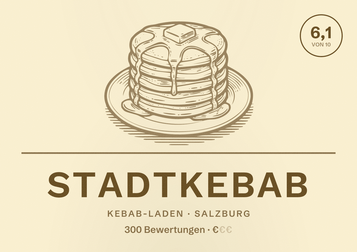 Illustriertes Poster von Stadtkebab, Kebab-Laden in Salzburg: Bewertung 6,1 von 10 aus 300 Bewertungen, Preisniveau €