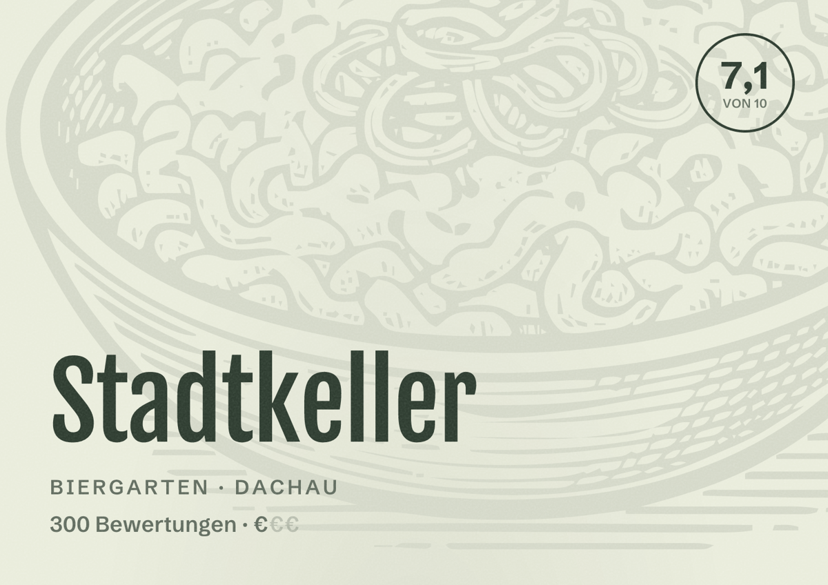 Illustriertes Poster von Stadtkeller, Biergarten in Dachau: Bewertung 7,1 von 10 aus 300 Bewertungen, Preisniveau €