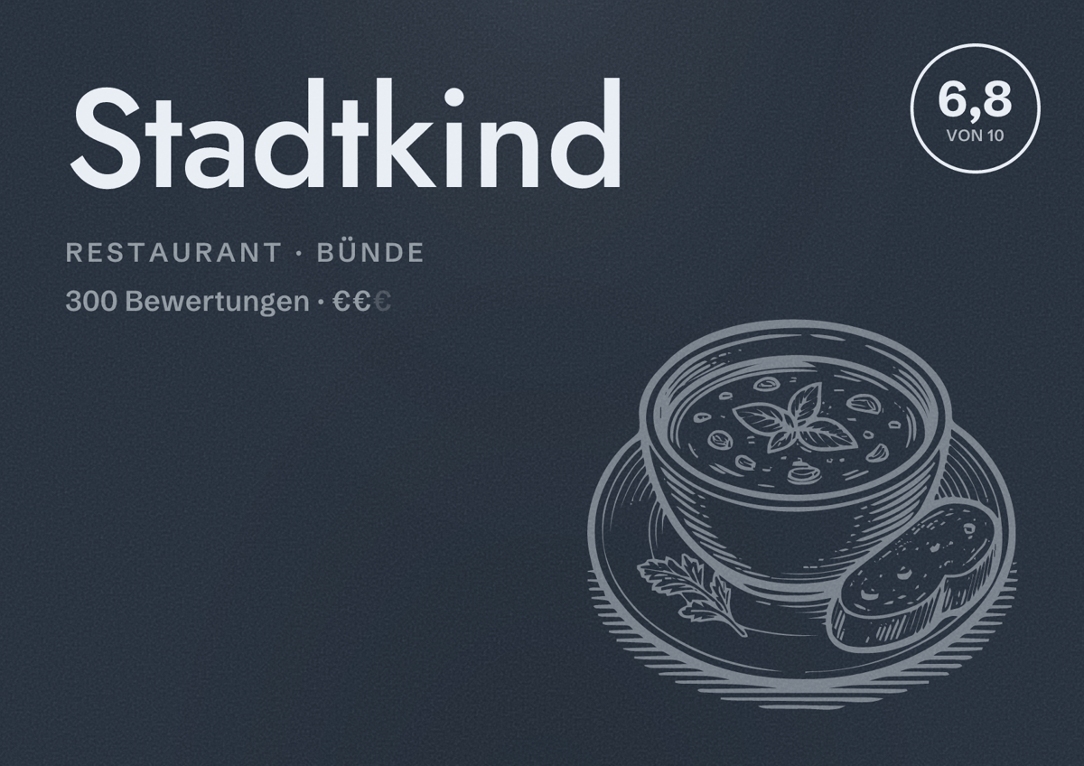 Illustriertes Poster von Stadtkind, Restaurant in Bünde: Bewertung 6,8 von 10 aus 300 Bewertungen, Preisniveau €€