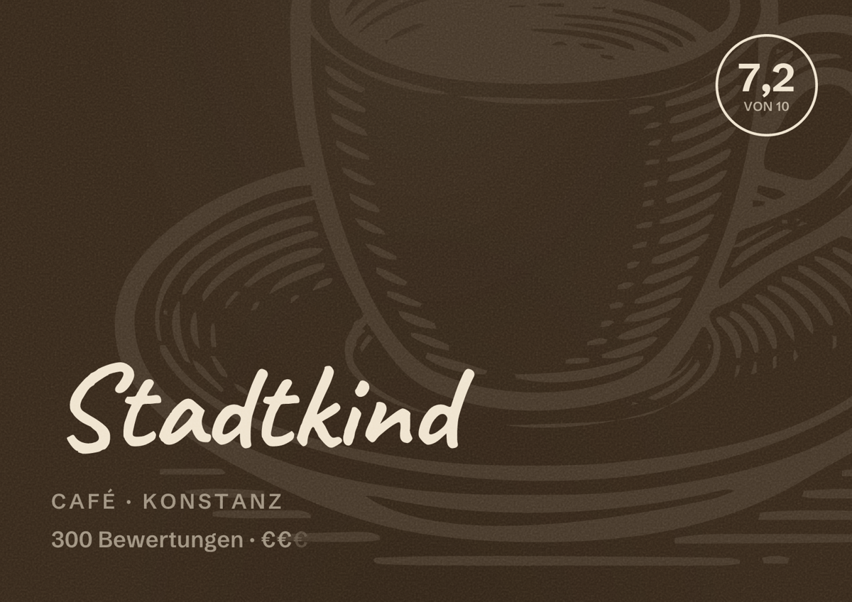 Illustriertes Poster von Stadtkind, Café in Konstanz: Bewertung 7,2 von 10 aus 300 Bewertungen, Preisniveau €€