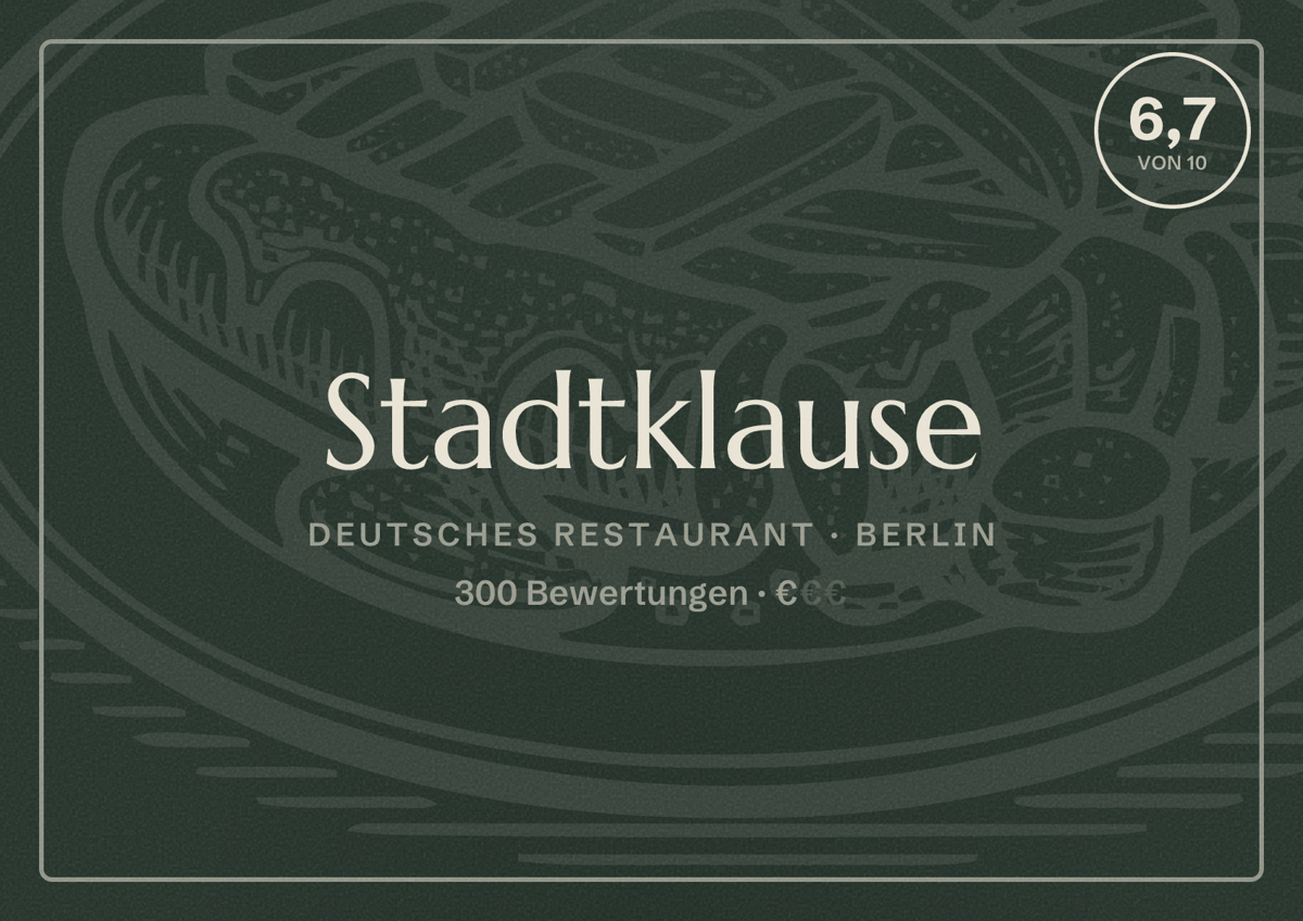 Illustriertes Poster von Stadtklause, Deutsches Restaurant in Berlin: Bewertung 6,7 von 10 aus 300 Bewertungen, Preisniveau €