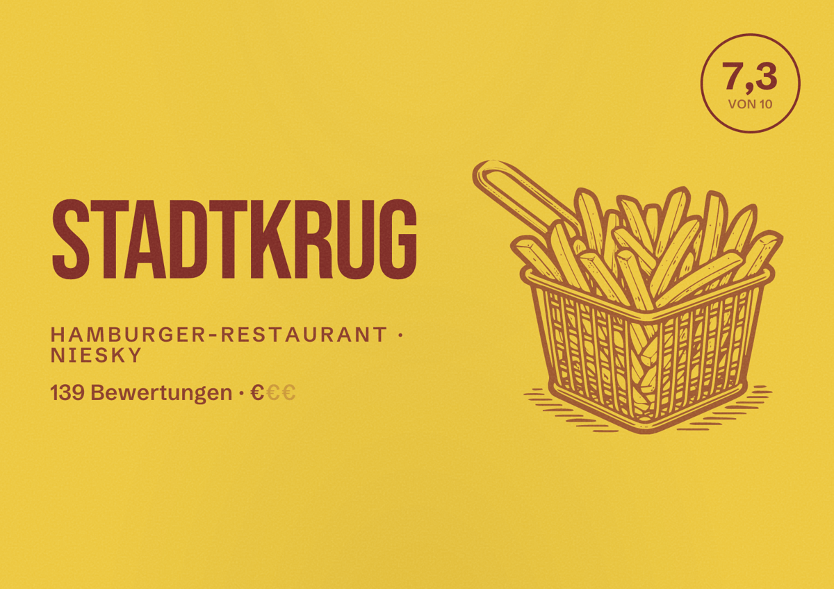 Illustriertes Poster von Stadtkrug, Hamburger-Restaurant in Niesky: Bewertung 7,3 von 10 aus 139 Bewertungen, Preisniveau €