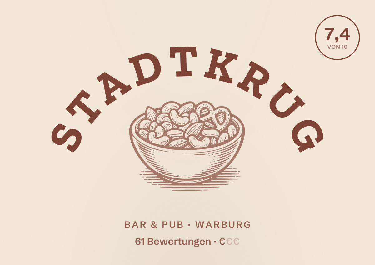 Illustriertes Poster von Stadtkrug, Bar & Pub in Warburg: Bewertung 7,4 von 10 aus 61 Bewertungen, Preisniveau €