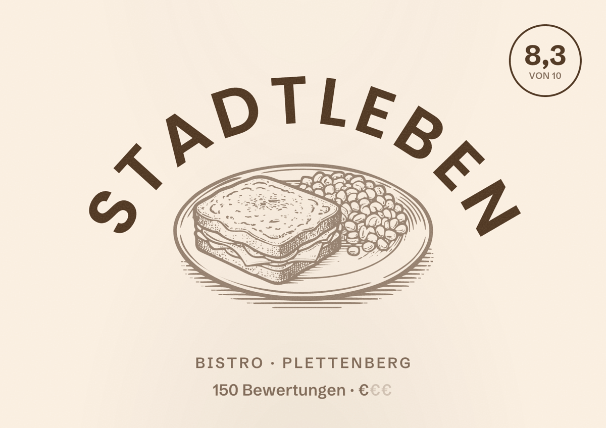 Illustriertes Poster von Stadtleben, Bistro in Plettenberg: Bewertung 8,3 von 10 aus 150 Bewertungen, Preisniveau €