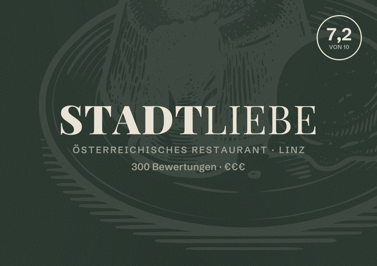 Illustriertes Poster von stadtliebe, Österreichisches Restaurant in Linz: Bewertung 7,2 von 10 aus 300 Bewertungen, Preisniveau €€€
