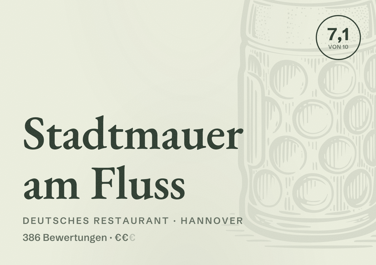 Illustriertes Poster von Stadtmauer am Fluss, Deutsches Restaurant in Hannover: Bewertung 7,1 von 10 aus 386 Bewertungen, Preisniveau €€
