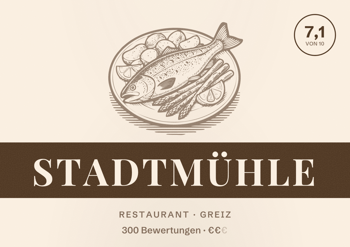 Illustriertes Poster von Stadtmühle, Restaurant in Greiz: Bewertung 7,1 von 10 aus 300 Bewertungen, Preisniveau €€
