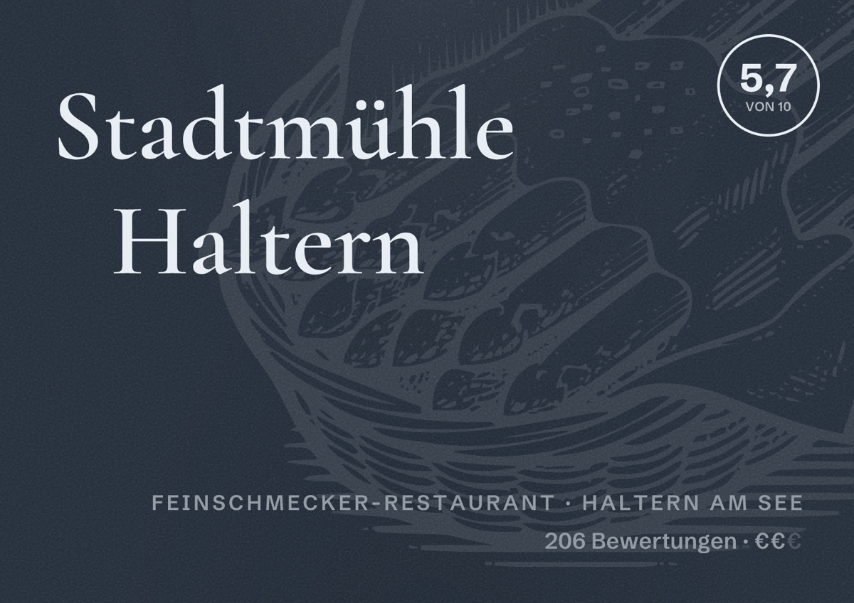 Illustriertes Poster von Stadtmühle Haltern, Feinschmecker-Restaurant in Haltern am See: Bewertung 5,7 von 10 aus 206 Bewertungen, Preisniveau €€