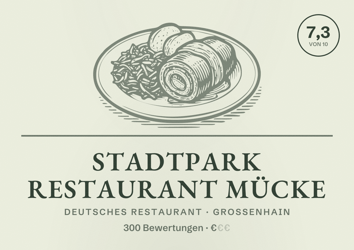 Illustriertes Poster von Stadtpark Restaurant Mücke, Deutsches Restaurant in Großenhain: Bewertung 7,3 von 10 aus 300 Bewertungen, Preisniveau €