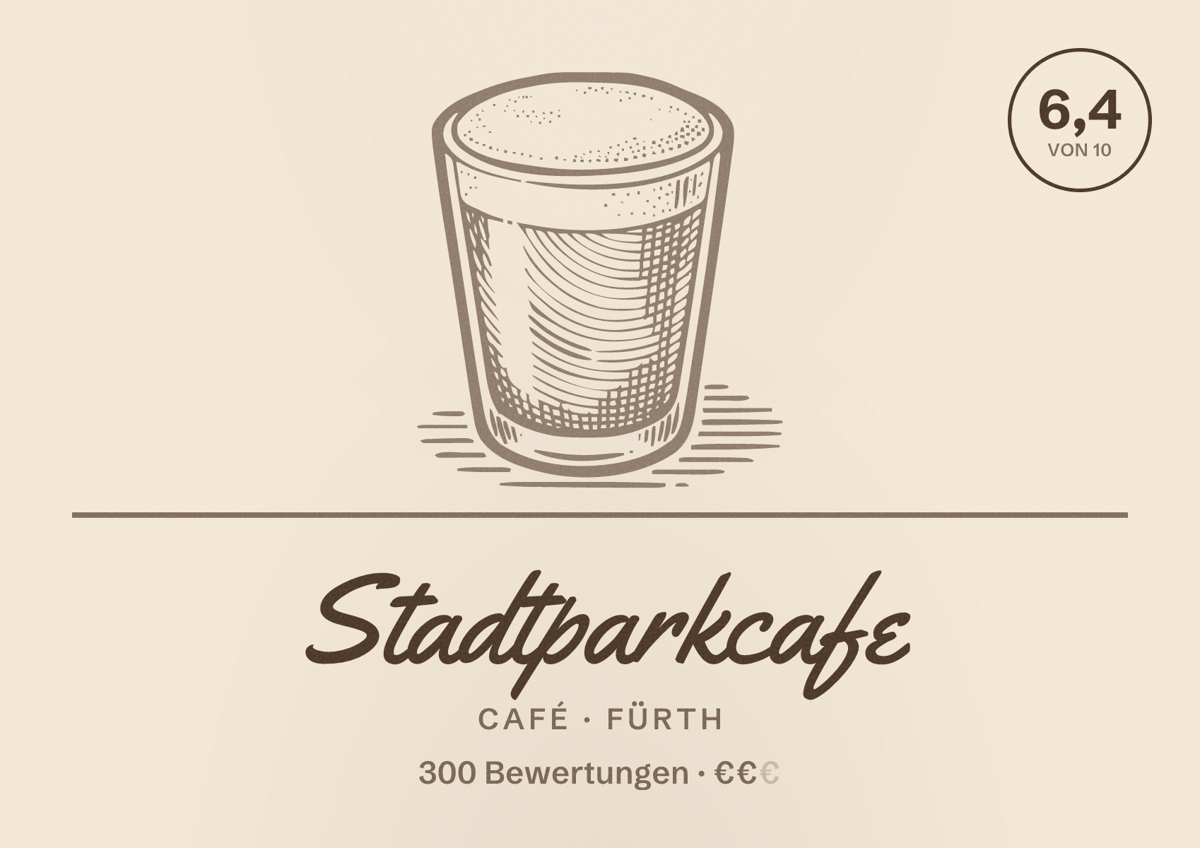 Illustriertes Poster von Stadtparkcafe, Café in Fürth: Bewertung 6,4 von 10 aus 300 Bewertungen, Preisniveau €€