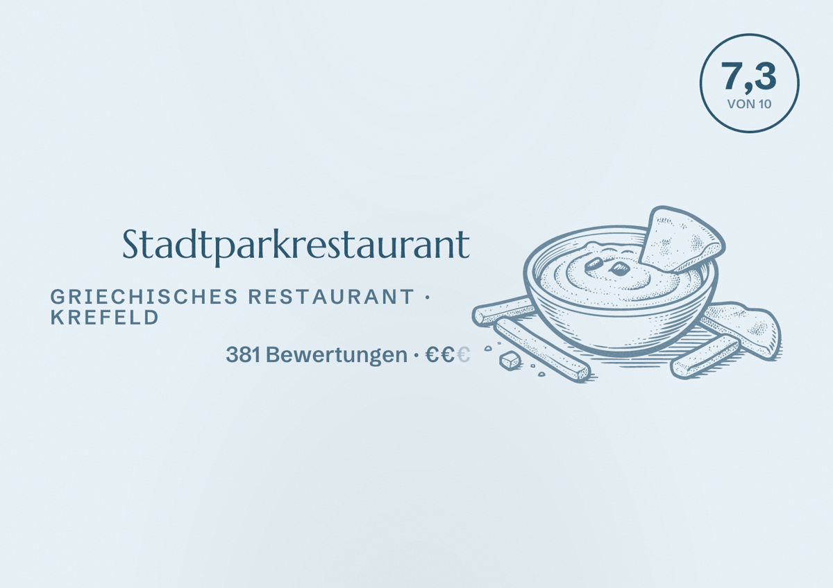 Illustriertes Poster von Stadtparkrestaurant, Griechisches Restaurant in Krefeld: Gästebewertung 7,3 von 10 aus 381 Bewertungen