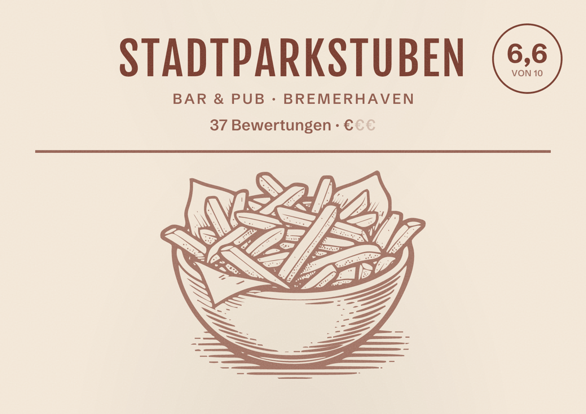 Illustriertes Poster von StadtParkStuben, Bar & Pub in Bremerhaven: Bewertung 6,6 von 10 aus 37 Bewertungen, Preisniveau €