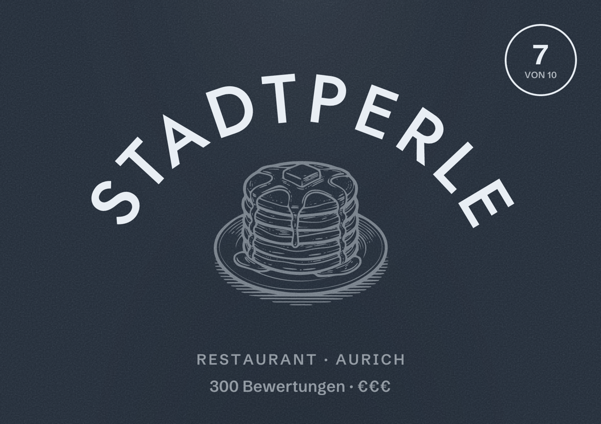 Illustriertes Poster von Stadtperle, Restaurant in Aurich: Bewertung 7 von 10 aus 300 Bewertungen, Preisniveau €€€