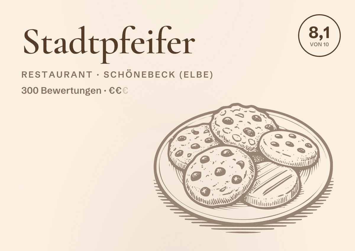 Illustriertes Poster von Stadtpfeifer, Restaurant in Schönebeck (Elbe): Bewertung 8,1 von 10 aus 300 Bewertungen, Preisniveau €€