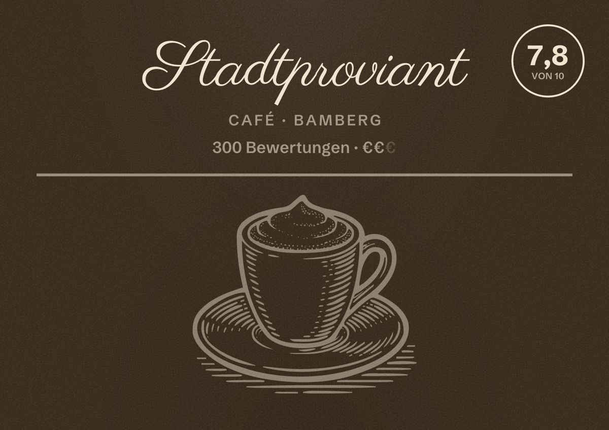 Illustriertes Poster von Stadtproviant, Café in Bamberg: Bewertung 7,8 von 10 aus 300 Bewertungen, Preisniveau €€