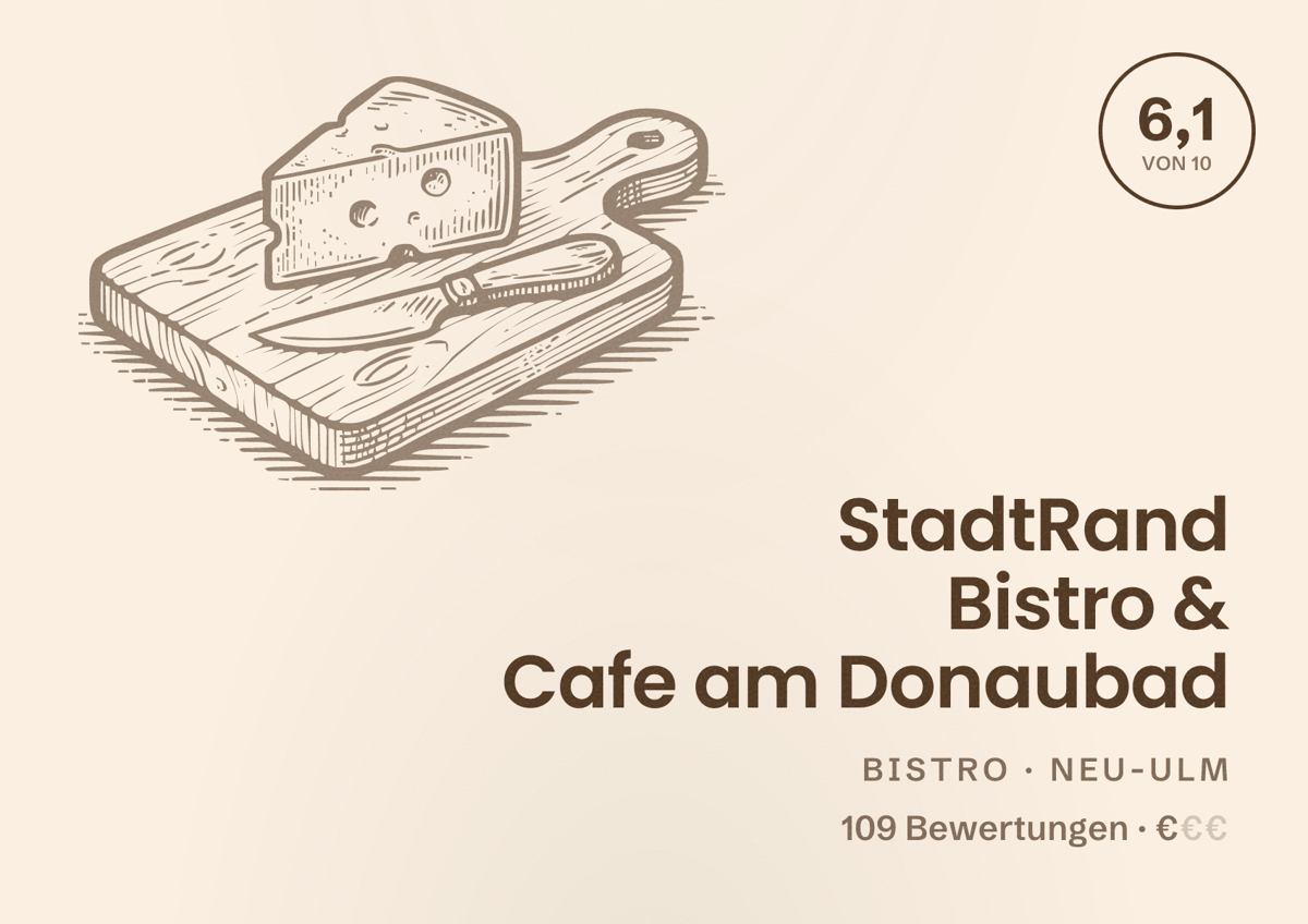 Illustriertes Poster von StadtRand Bistro & Cafe am Donaubad, Bistro in Neu-Ulm: Bewertung 6,1 von 10 aus 109 Bewertungen, Preisniveau €