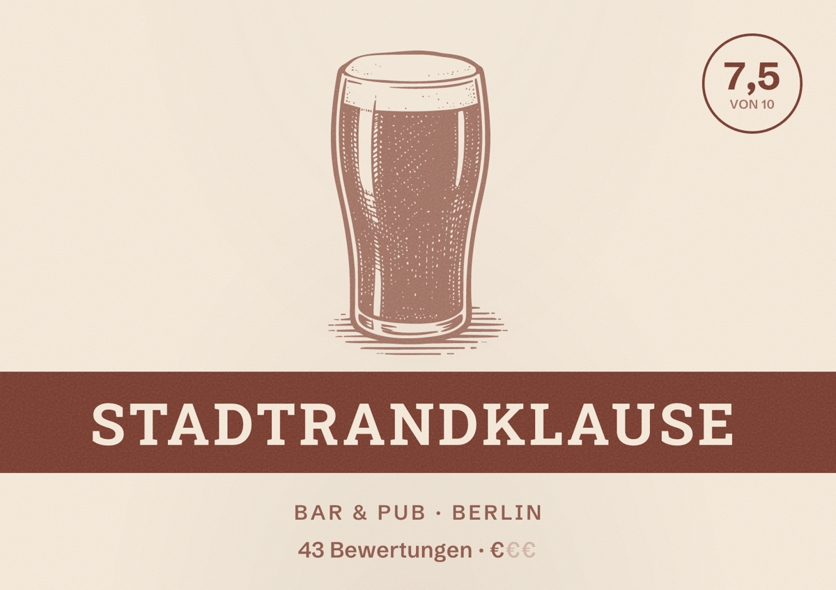 Illustriertes Poster von Stadtrandklause, Bar & Pub in Berlin: Bewertung 7,5 von 10 aus 43 Bewertungen, Preisniveau €