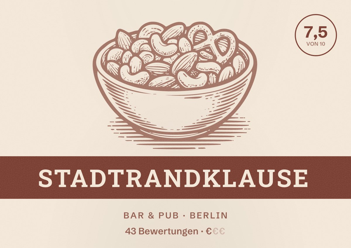 Illustriertes Poster von Stadtrandklause, Bar & Pub in Berlin: Bewertung 7,5 von 10 aus 43 Bewertungen, Preisniveau €