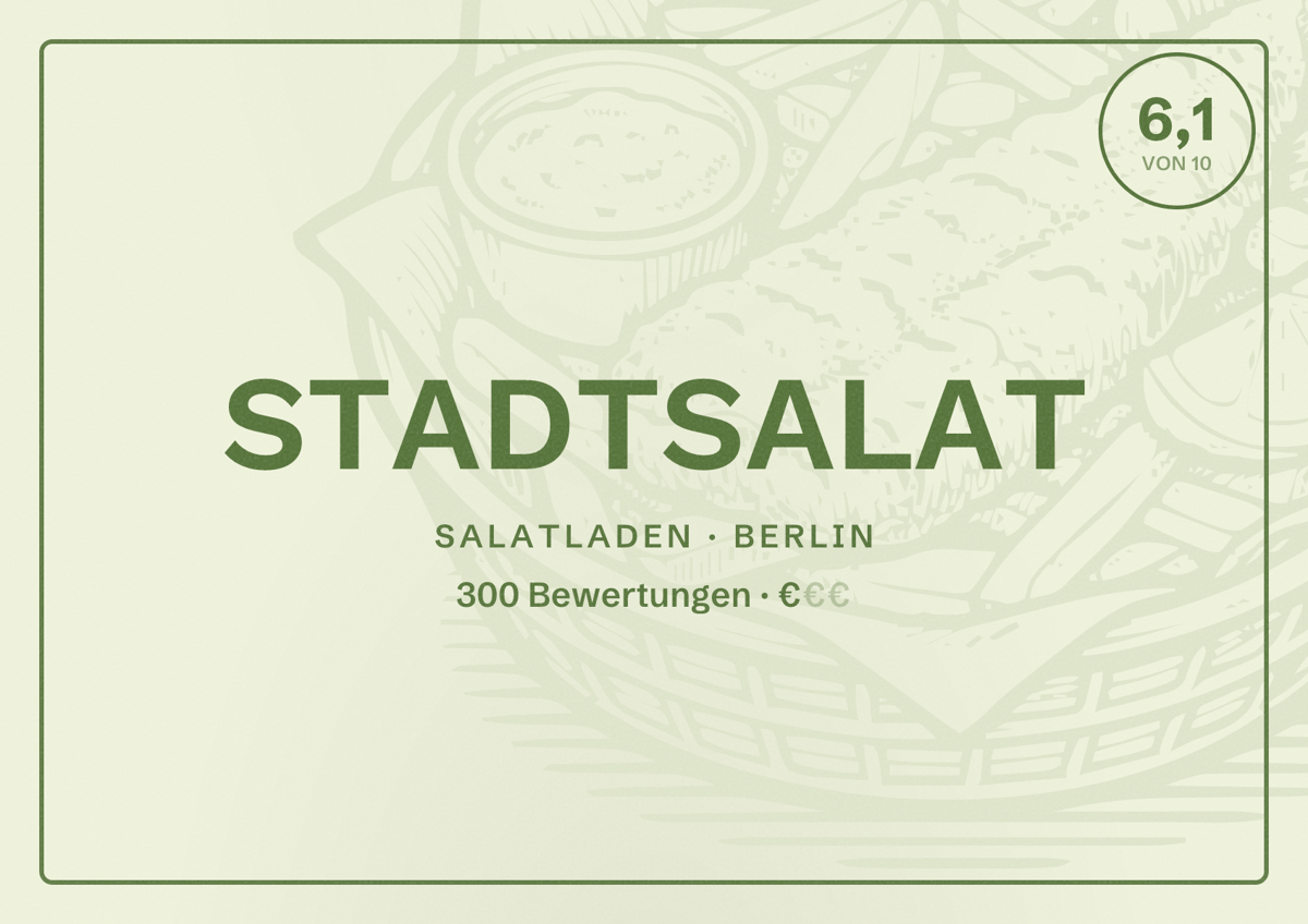 Illustriertes Poster von STADTSALAT, Salatladen in Berlin: Bewertung 6,1 von 10 aus 300 Bewertungen, Preisniveau €