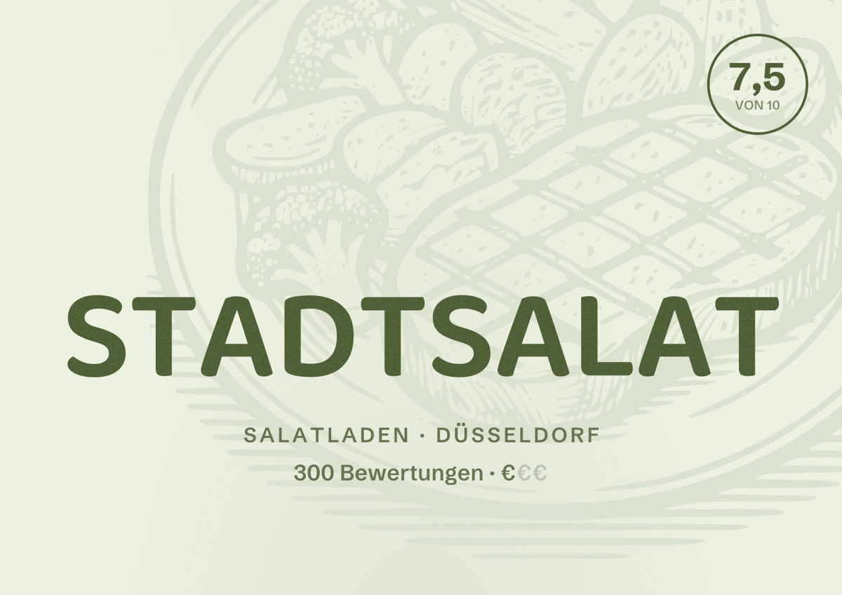 Illustriertes Poster von STADTSALAT, Salatladen in Düsseldorf: Bewertung 7,5 von 10 aus 300 Bewertungen, Preisniveau €