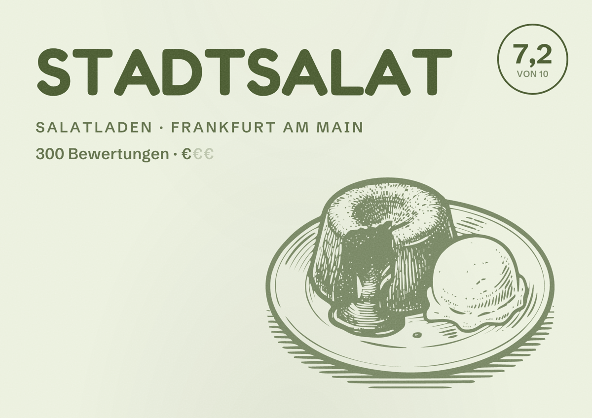 Illustriertes Poster von STADTSALAT, Salatladen in Frankfurt am Main: Bewertung 7,2 von 10 aus 300 Bewertungen, Preisniveau €