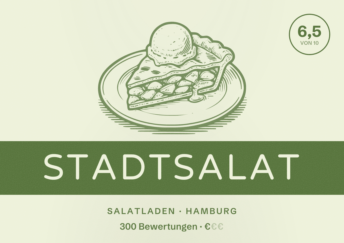 Illustriertes Poster von Stadtsalat, Salatladen in Hamburg: Bewertung 6,5 von 10 aus 300 Bewertungen, Preisniveau €