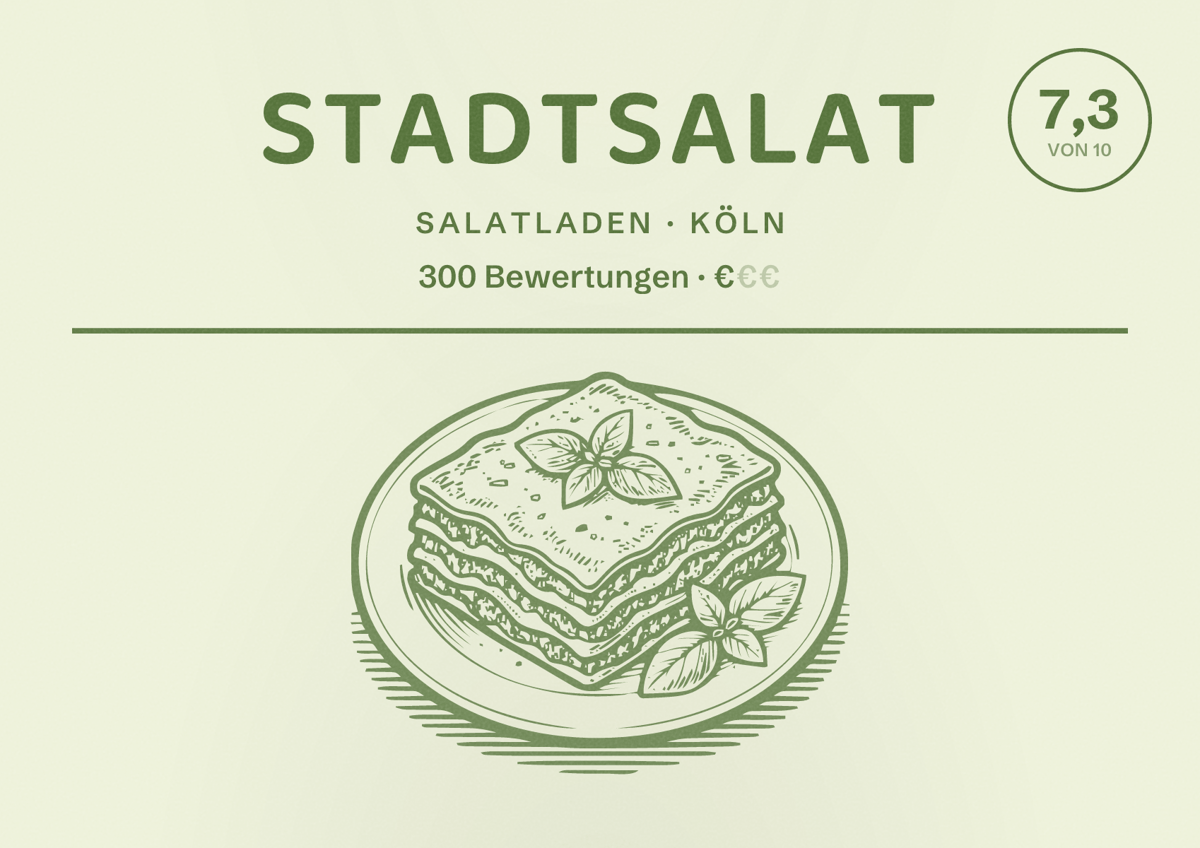 Illustriertes Poster von STADTSALAT, Salatladen in Köln: Bewertung 7,3 von 10 aus 300 Bewertungen, Preisniveau €