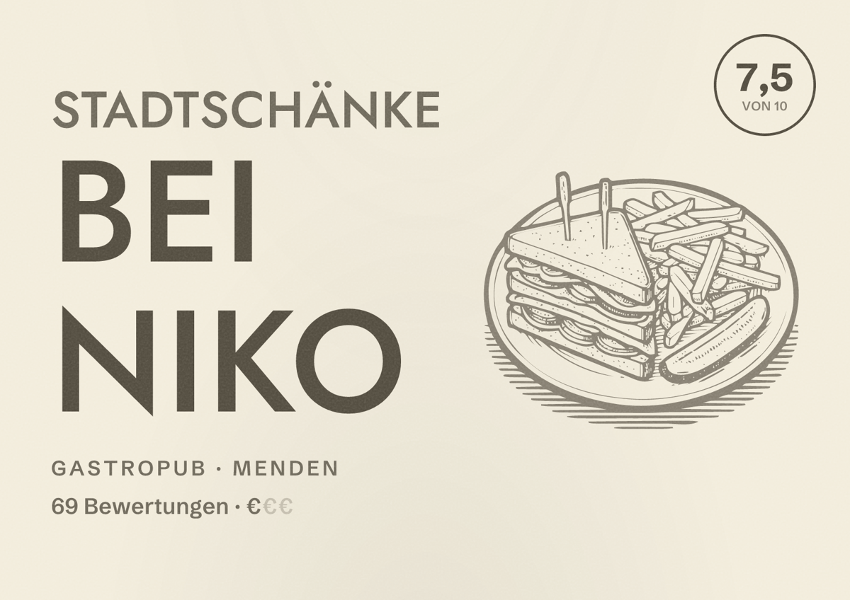 Illustriertes Poster von Stadtschänke bei Niko, Gastropub in Menden: Bewertung 7,5 von 10 aus 69 Bewertungen, Preisniveau €