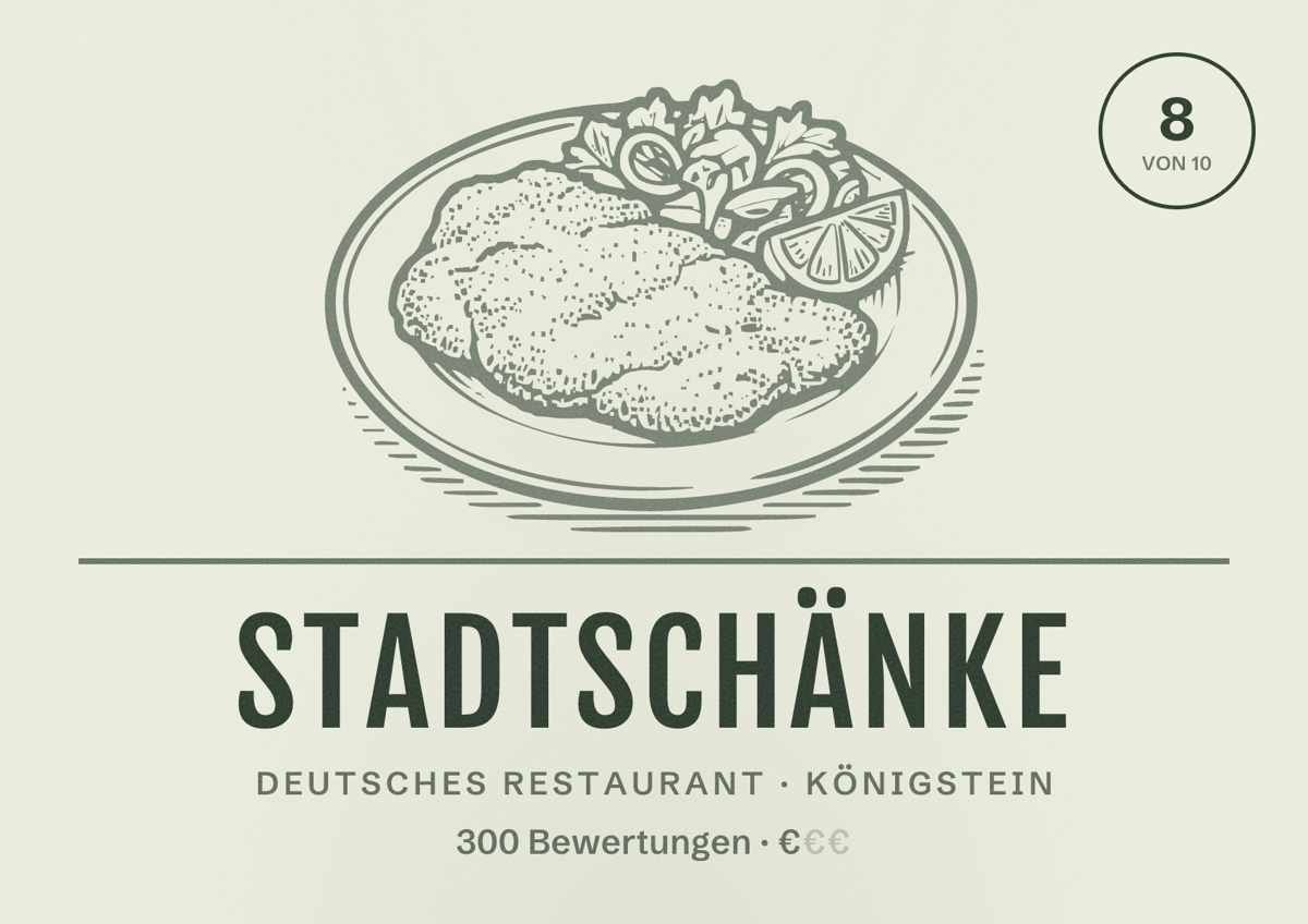 Illustriertes Poster von Stadtschänke, Deutsches Restaurant in Königstein: Bewertung 8 von 10 aus 300 Bewertungen, Preisniveau €