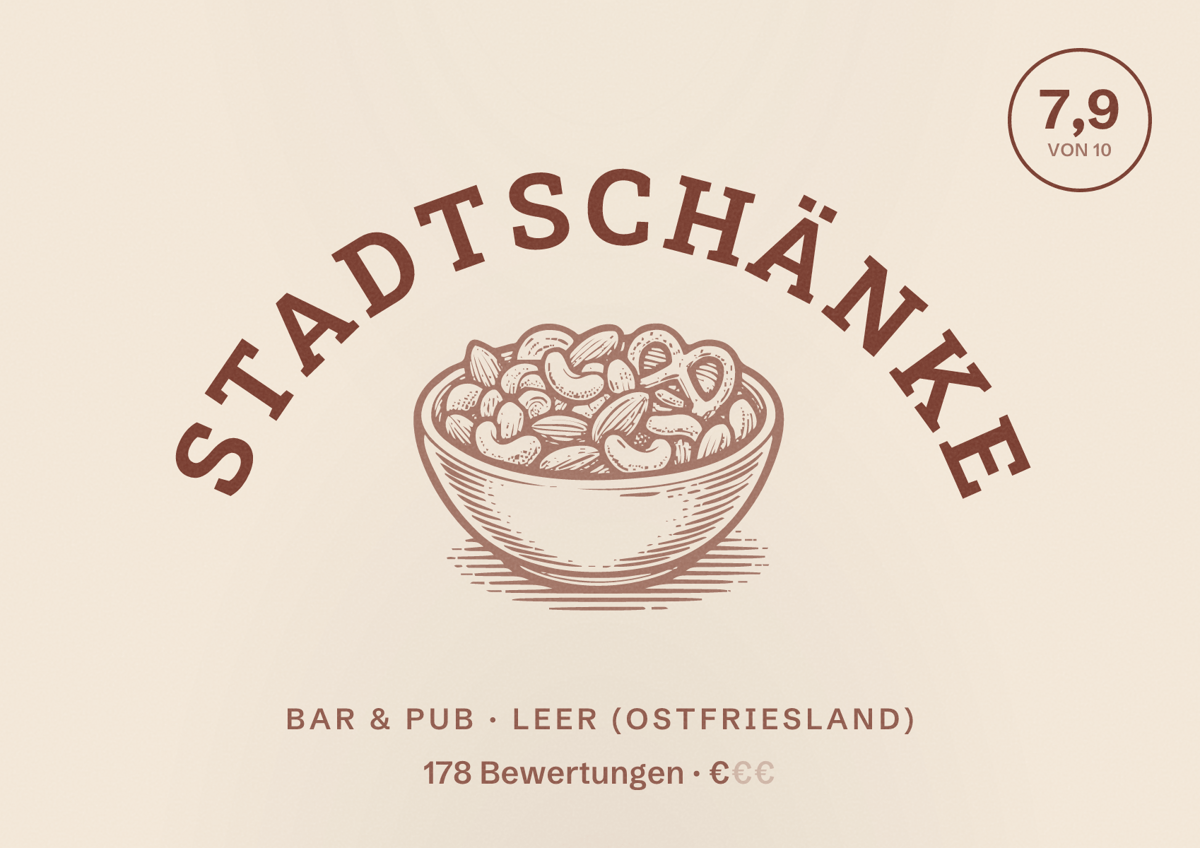 Illustriertes Poster von Stadtschänke, Bar & Pub in Leer (Ostfriesland): Bewertung 7,9 von 10 aus 178 Bewertungen, Preisniveau €