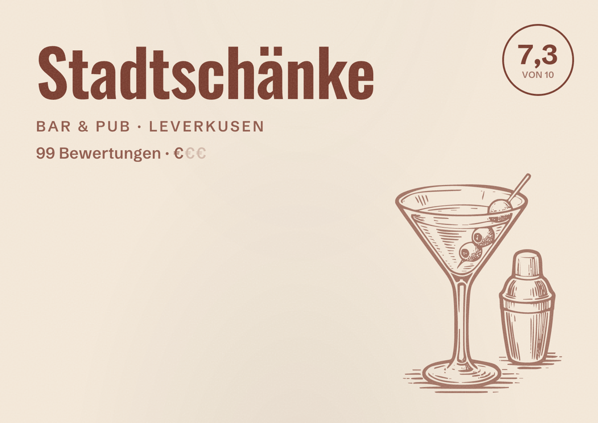 Illustriertes Poster von Stadtschänke, Bar & Pub in Leverkusen: Bewertung 7,3 von 10 aus 99 Bewertungen, Preisniveau €