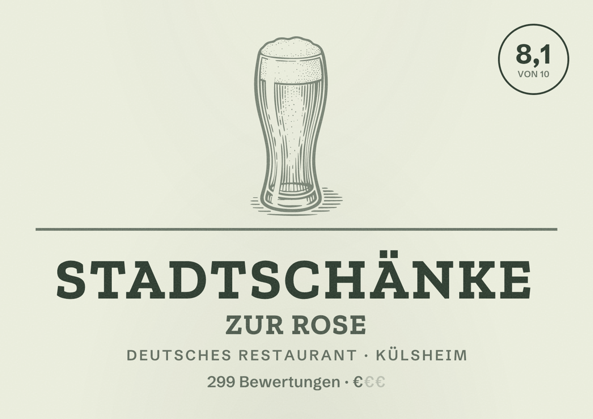 Illustriertes Poster von Stadtschänke Zur Rose, Deutsches Restaurant in Külsheim: Bewertung 8,1 von 10 aus 299 Bewertungen, Preisniveau €
