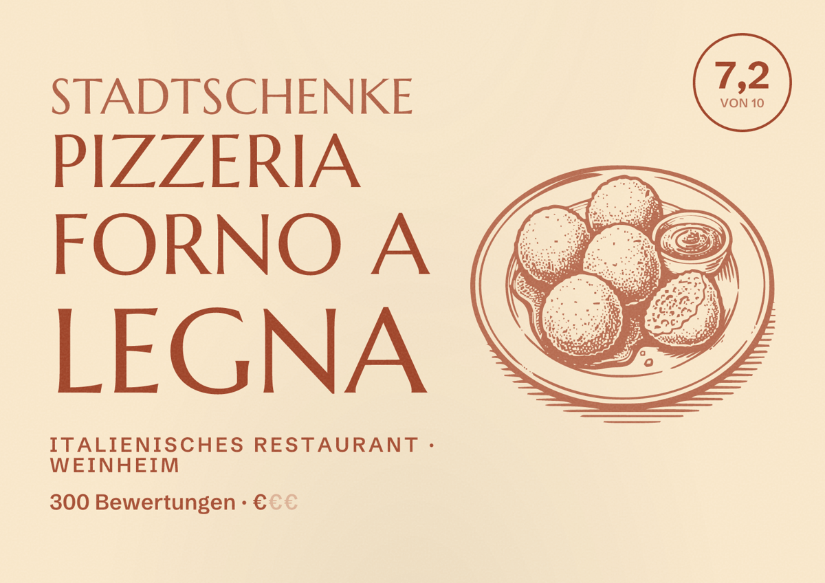 Illustriertes Poster von Stadtschenke Pizzeria Forno A Legna, Italienisches Restaurant in Weinheim: Bewertung 7,2 von 10 aus 300 Bewertungen, Preisniveau €