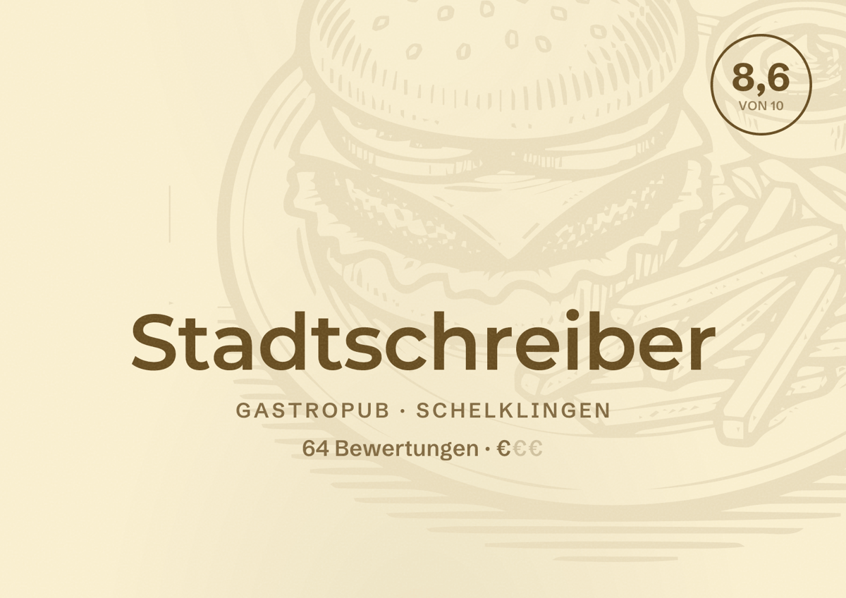 Illustriertes Poster von Stadtschreiber, Gastropub in Schelklingen: Bewertung 8,6 von 10 aus 64 Bewertungen, Preisniveau €