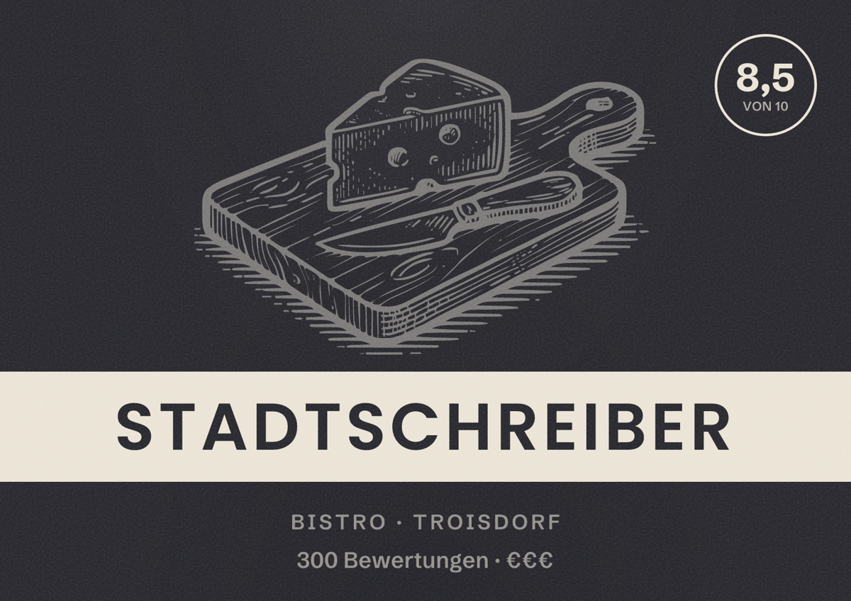 Illustriertes Poster von Stadtschreiber, Bistro in Troisdorf: Bewertung 8,5 von 10 aus 300 Bewertungen, Preisniveau €€€