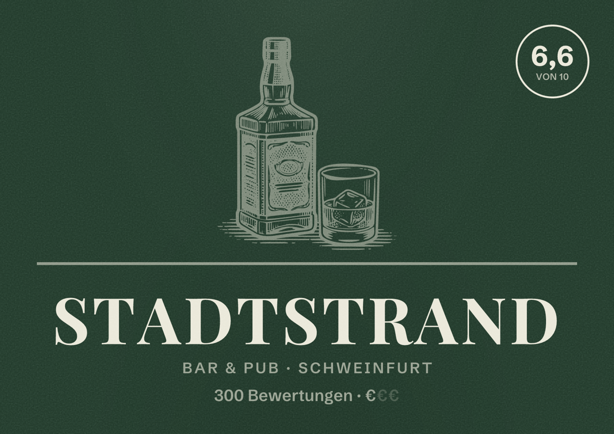 Illustriertes Poster von Stadtstrand, Bar & Pub in Schweinfurt: Bewertung 6,6 von 10 aus 300 Bewertungen, Preisniveau €