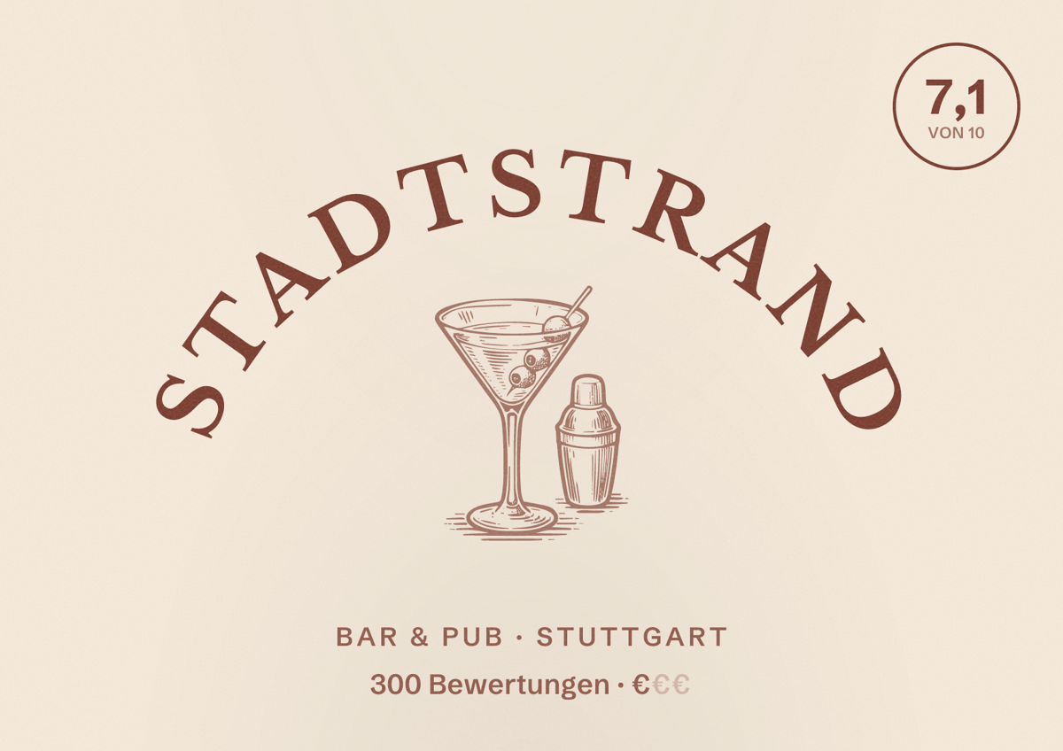 Illustriertes Poster von Stadtstrand, Bar & Pub in Stuttgart: Bewertung 7,1 von 10 aus 300 Bewertungen, Preisniveau €