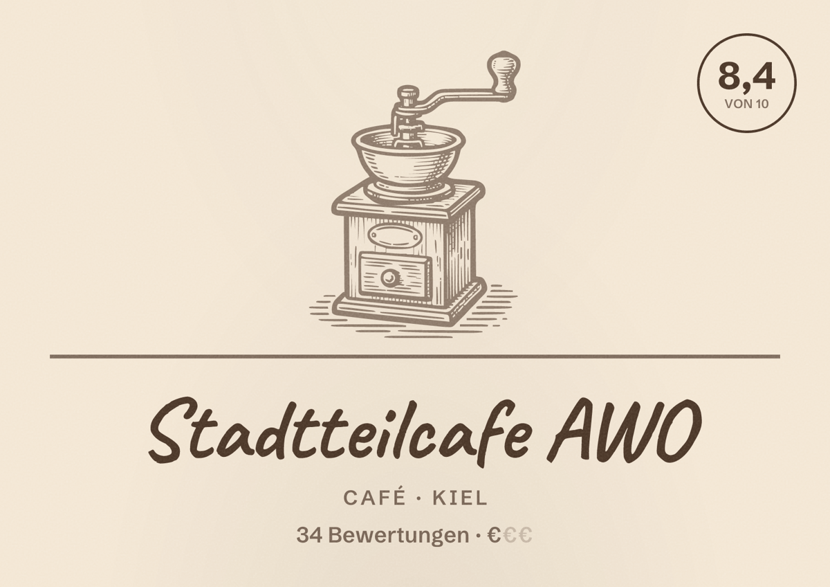 Illustriertes Poster von Stadtteilcafe AWO, Café in Kiel: Bewertung 8,4 von 10 aus 34 Bewertungen, Preisniveau €
