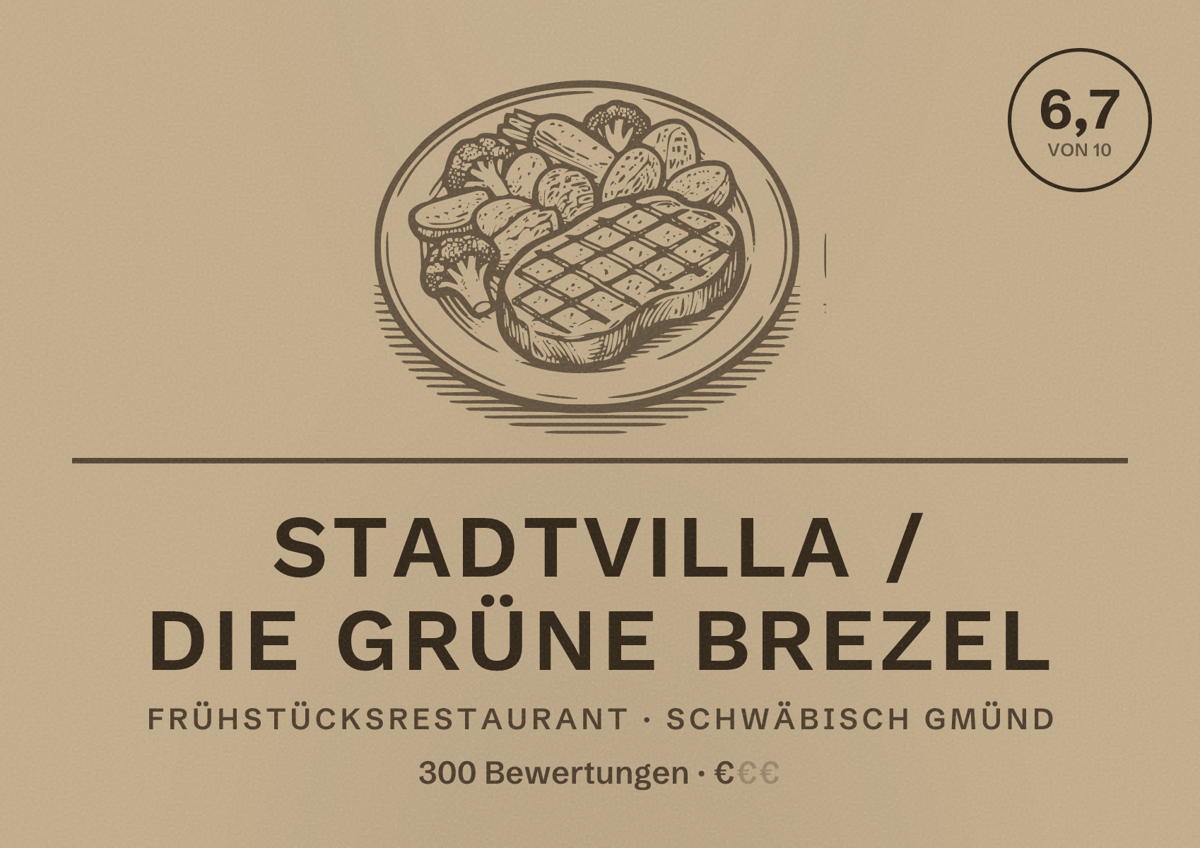 Illustriertes Poster von Stadtvilla / Die Grüne Brezel, Frühstücksrestaurant in Schwäbisch Gmünd: Bewertung 6,7 von 10 aus 300 Bewertungen, Preisniveau €