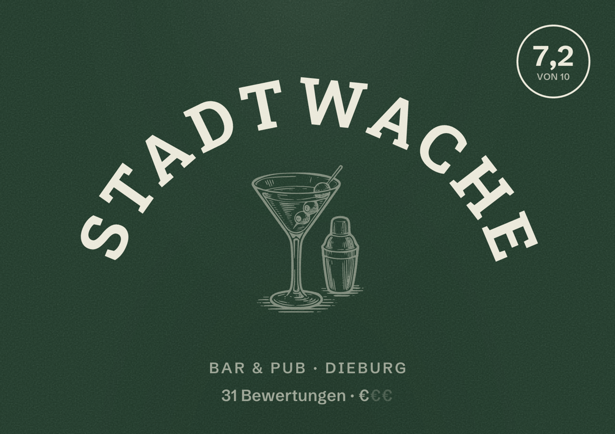 Illustriertes Poster von Stadtwache, Bar & Pub in Dieburg: Bewertung 7,2 von 10 aus 31 Bewertungen, Preisniveau €