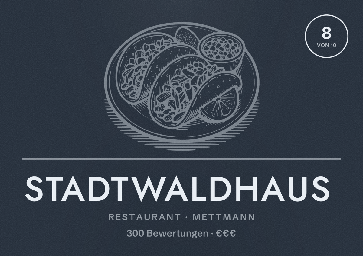 Illustriertes Poster von Stadtwaldhaus, Restaurant in Mettmann: Bewertung 8 von 10 aus 300 Bewertungen, Preisniveau €€€