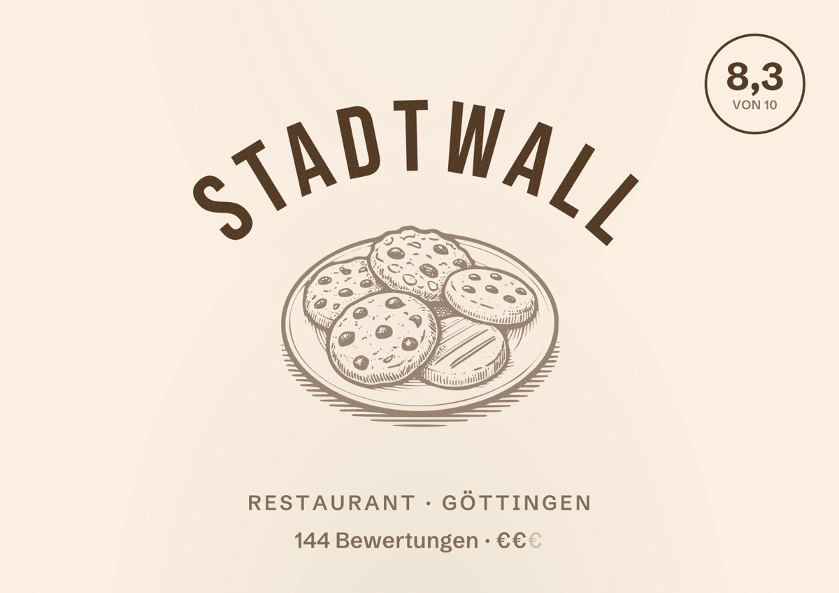 Illustriertes Poster von STADTWALL, Restaurant in Göttingen: Bewertung 8,3 von 10 aus 144 Bewertungen, Preisniveau €€