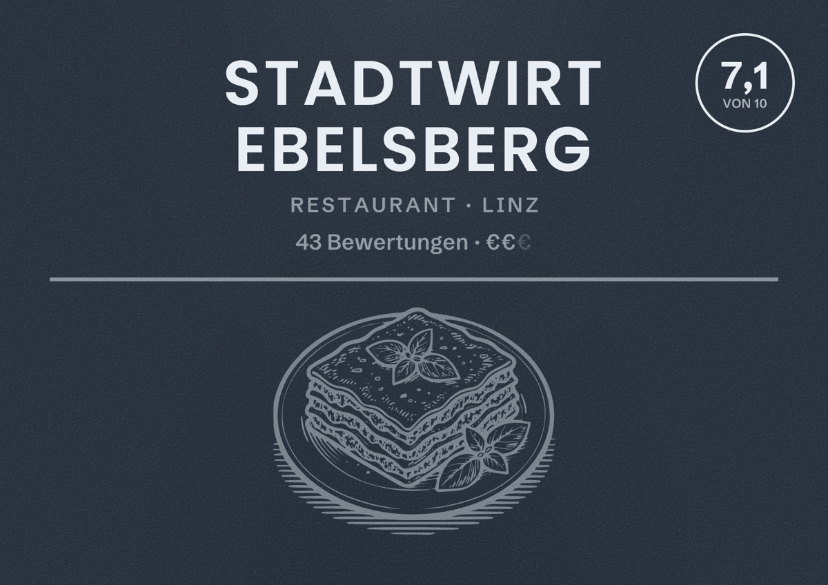 Illustriertes Poster von Stadtwirt Ebelsberg, Restaurant in Linz: Bewertung 7,1 von 10 aus 43 Bewertungen, Preisniveau €€