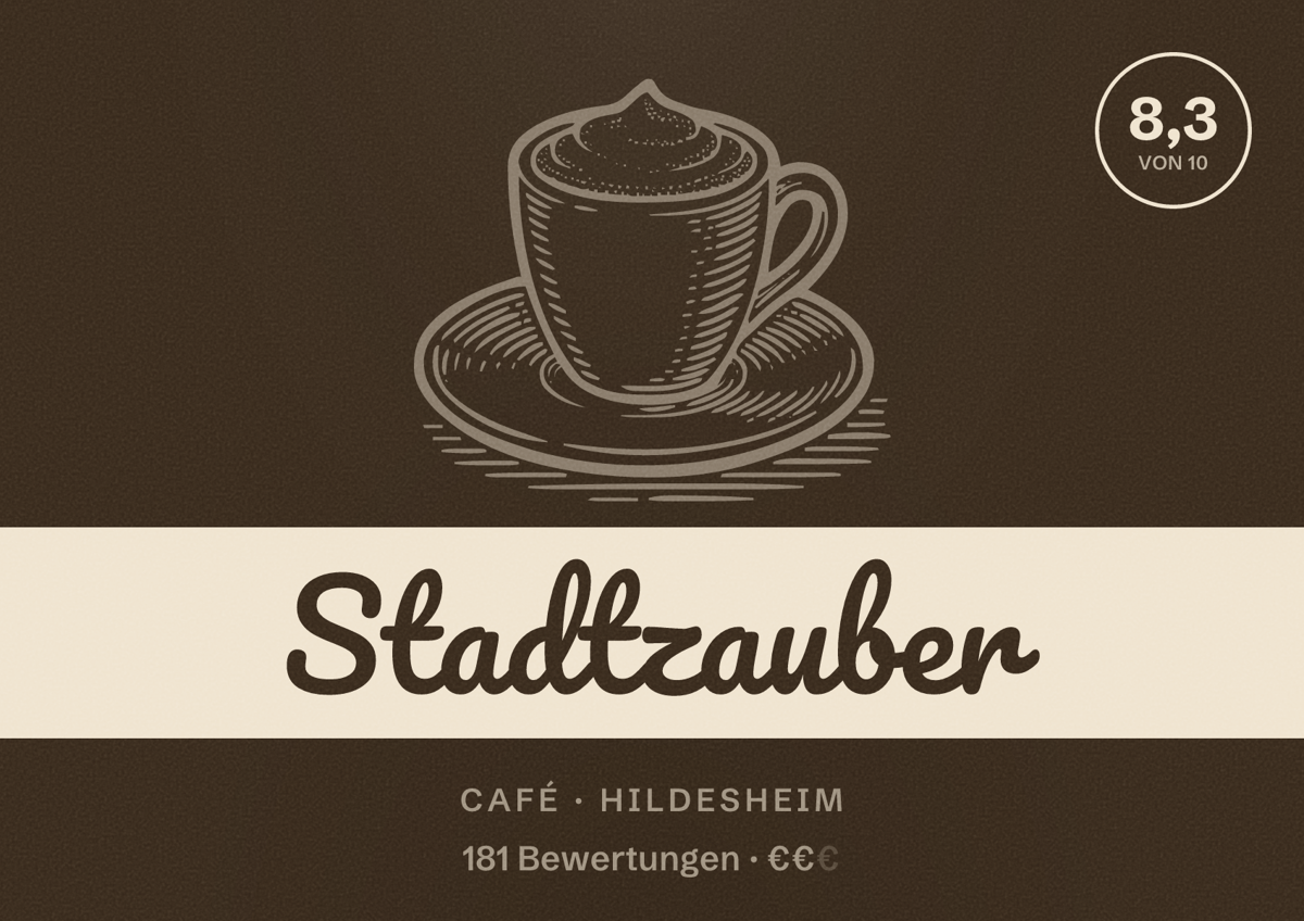 Illustriertes Poster von Stadtzauber, Café in Hildesheim: Bewertung 8,3 von 10 aus 181 Bewertungen, Preisniveau €€