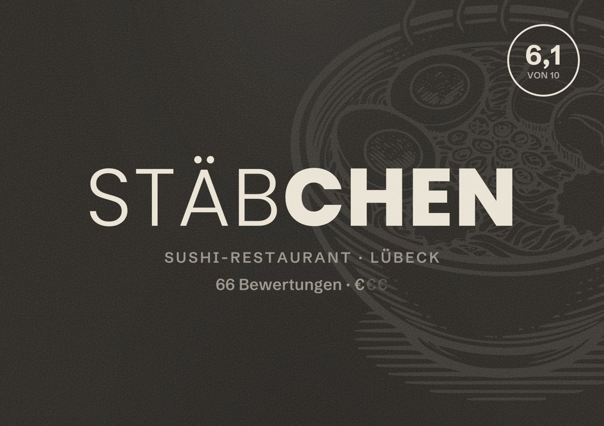 Illustriertes Poster von Stäbchen, Sushi-Restaurant in Lübeck: Bewertung 6,1 von 10 aus 66 Bewertungen, Preisniveau €