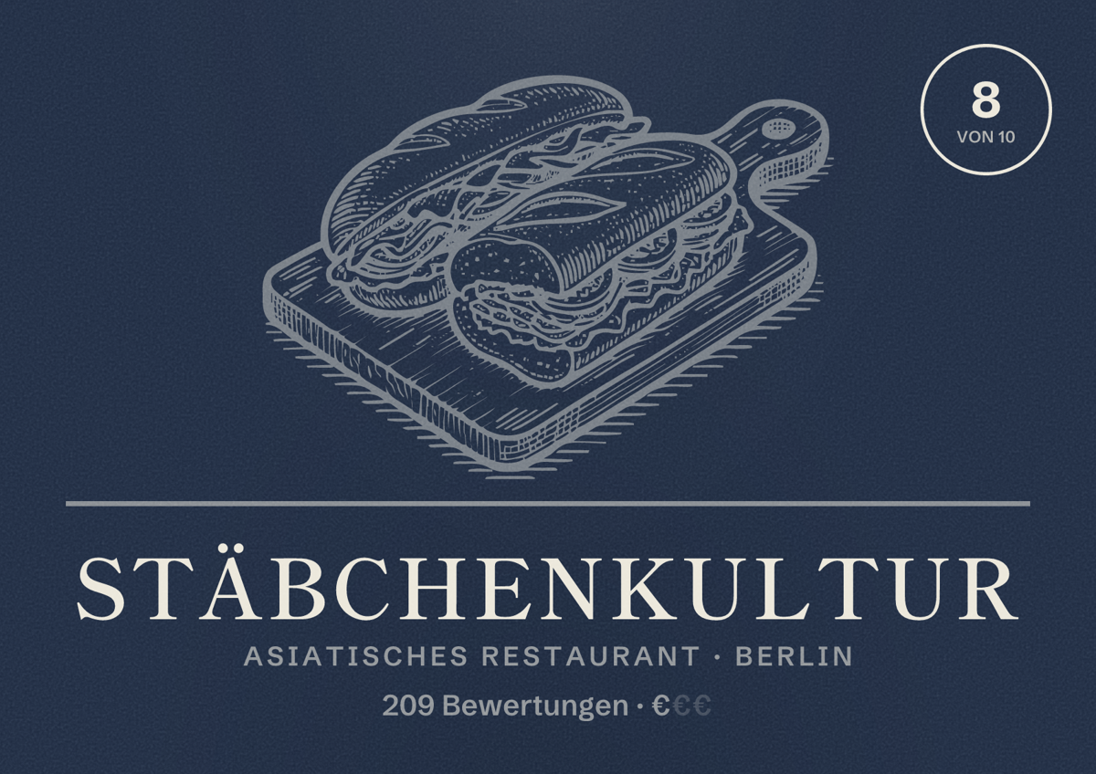Illustriertes Poster von Stäbchenkultur, Asiatisches Restaurant in Berlin: Bewertung 8,0 von 10 aus 209 Bewertungen, Preisniveau €
